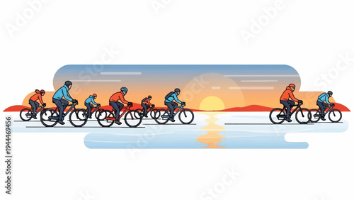 A group of cyclists ride by a tranquil lake at sunset