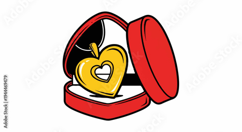 Open red heart-shaped box displays a golden heart pendant necklace