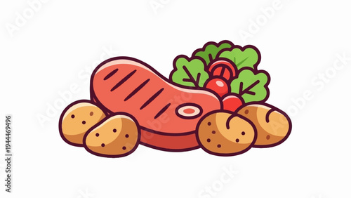 A grilled steak with potatoes and salad