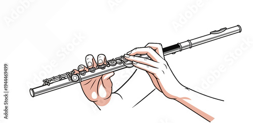 A close-up illustration of hands skillfully playing a silver flute, with shading