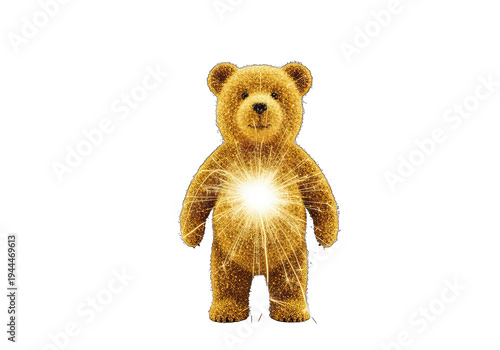 Golden teddy bear plush toy glowing with light isolated on transparent background