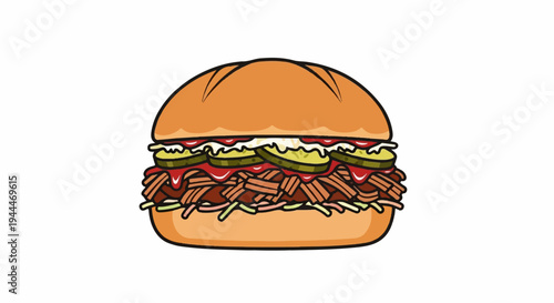 A loaded sandwich with meat, pickles, and sauce on a bun