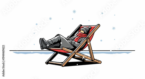 Person relaxing in a deck chair amidst falling snow