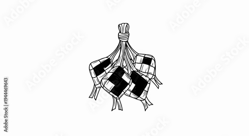 A cluster of diamond-shaped woven parcels, tied together at the top