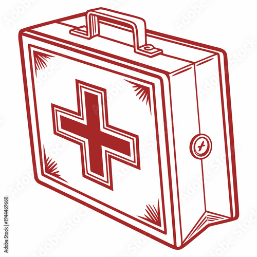 A red first aid kit with a handle and a cross on the front