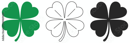 Four Leaf Clover Vector, green, black, and outline shamrock symbols isolated on white background