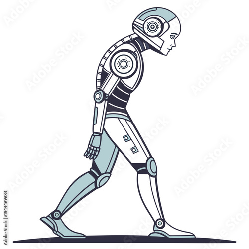 A robot walking with its body and head turned to the right