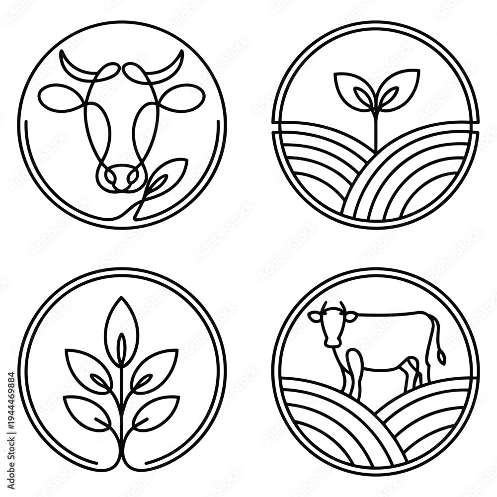 Obraz premium Farming and agriculture circular icons with cow and plants
