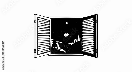 Open window frames view of a dark, starry night landscape with a full moon