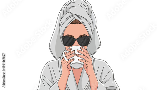 Woman in bathrobe and towel on head drinking coffee