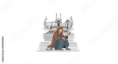 Person sits on steps with cup and coins before grand building