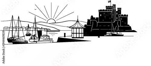 A coastal scene at sunrise features a harbor with sailboats, a gazebo, and a castle on a cliff