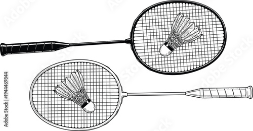 Badminton rackets and shuttlecock illustration set, detailed sports equipment vector with crossed rackets and birdie, badminton game gear isolated on white background