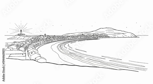 A coastal town with a lighthouse and a curved bay, under a starry sky