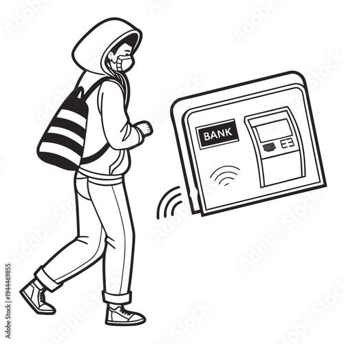 A person wearing a face mask and hoodie approaches a smart atm