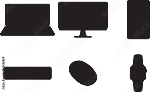 Set of computer monitors with blank black screens representing digital technology display devices