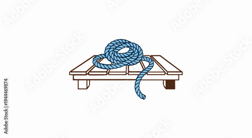 A coiled blue rope rests on a wooden pallet against a white background
