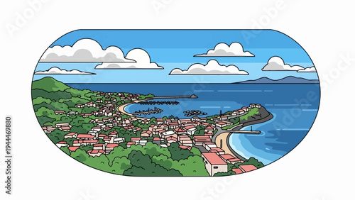 A coastal town with red-roofed buildings nestled among green hills beside a blue bay