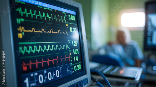 Medical monitor displaying vital signs in hospital room with doctor