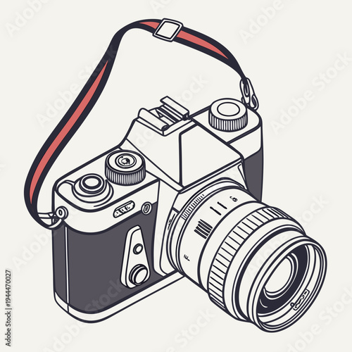 A camera with a lens and a red strap
