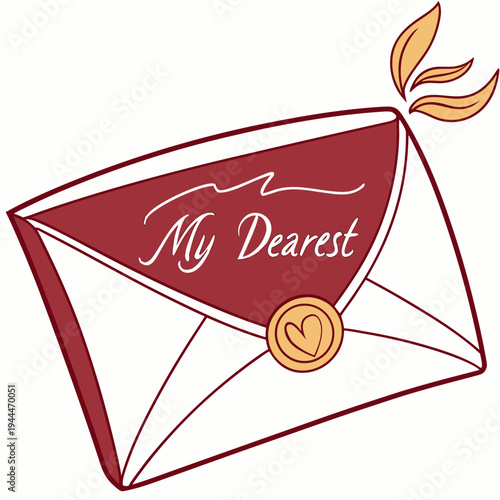 A red and white envelope with a wax seal and a romantic message