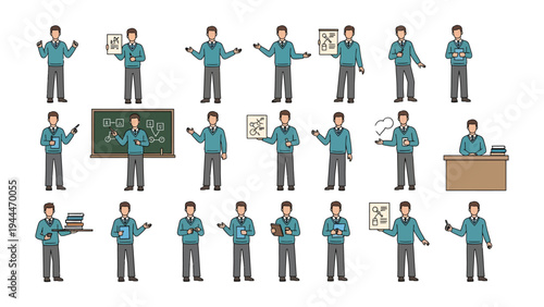 Professor Illustration: A charming illustration showcases a professor in various poses, teaching with a chalkboard, books, and scientific diagrams, against a crisp background.