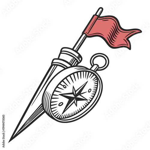 A compass with a red flag on a metal spike