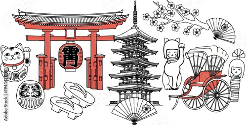A collage of traditional Japanese cultural symbols and landmarks