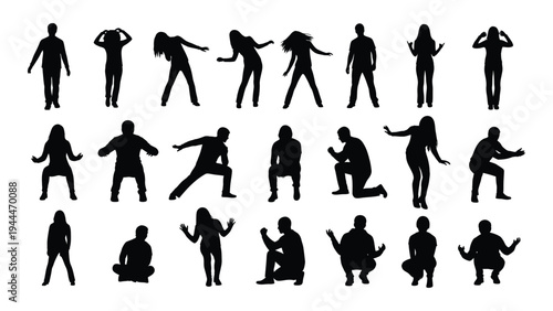 Collection of diverse human silhouettes in various poses and actions