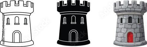 Three distinct castle tower illustrations presented in outline solid black and textured stone styles suitable for game assets historical projects or security symbols