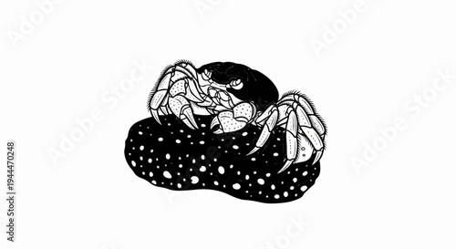 Monochrome drawing of a hermit crab perched on a speckled rock