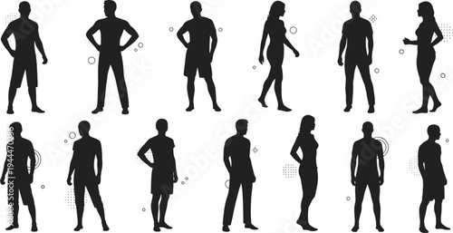 Male and female people silhouettes collection with standing and walking poses, human figure vector illustration set for design and infographic use