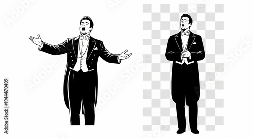 Opera singer in tuxedo, one with open arms, one with hands clasped