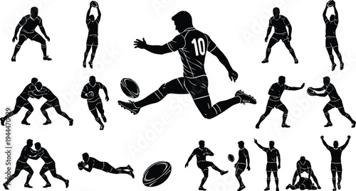 Rugby player silhouettes in various action poses