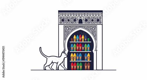 A cat walks by a colorful shoe display in an ornate archway