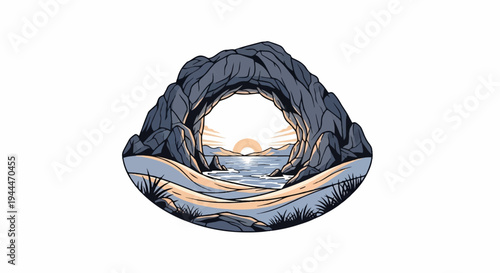 A cave opening frames a serene seascape with mountains at sunset