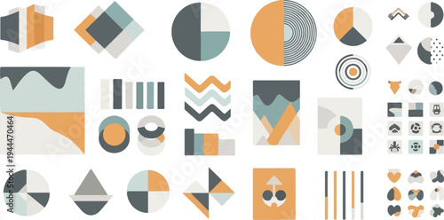 A collection of abstract geometric shapes and patterns in muted colors (1)