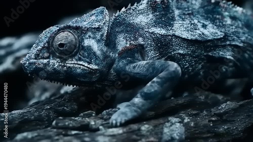 Intriguing close up of a panther chameleon resting on a gnarled branch offering detailed insights of its unique skin texture