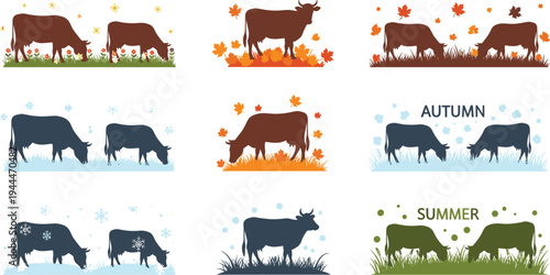 Cow silhouettes in seasonal landscapes featuring autumn leaves summer grass and winter snow scenes for agricultural farming dairy livestock and rural nature designs.