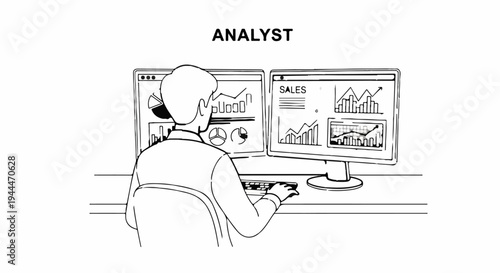 Person with multiple screens displaying charts, data and sales figures