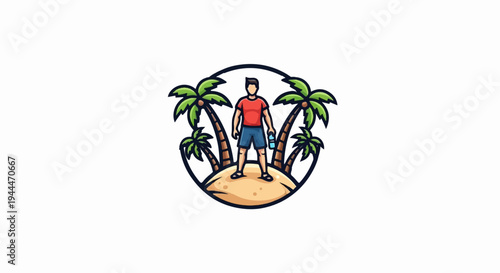 Man standing on sandy island with palm trees