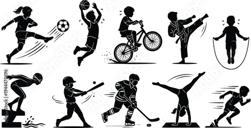 Kids Sports and Active Play Silhouette Vector Set