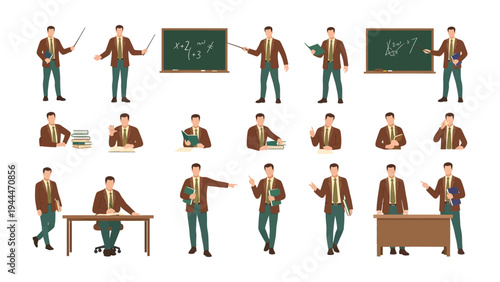 Teacher in Various Poses: A teacher demonstrates different poses, expressions, and activities, offering a versatile visual resource for educational or illustrative projects.
