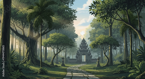 Enchanting ancient temple entrance nestled within a lush, sun-dappled tropical forest, inviting exploration into a serene, mystical realm