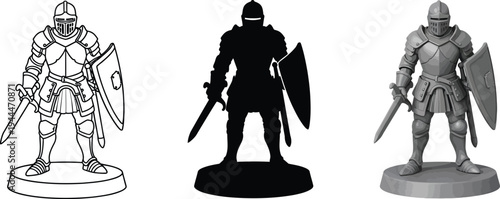 Collection of armored knight illustrations presented in line art silhouette and grayscale styles perfect for fantasy gaming and historical projects
