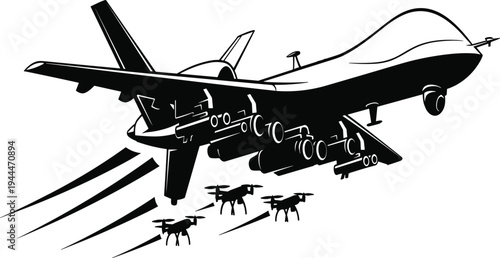 Black and white of large airplane launching small drones aircraft unmanned aerial vehicle