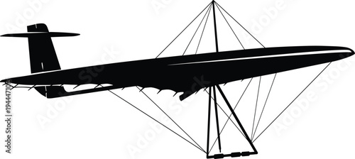 Black silhouette of a biplane with wires and landing gear on white background airplane