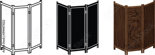 Set of three-panel folding screens featuring outline silhouette and carved wooden dragon designs ideal for interior design and privacy concepts