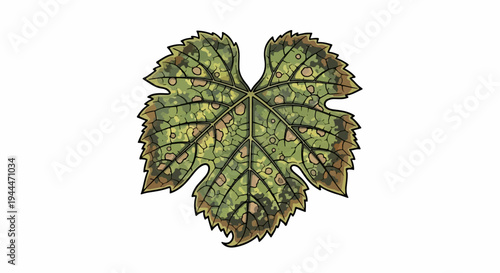 A detailed illustration of a mottled, five-lobed leaf with prominent veins