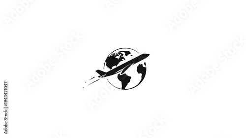 Minimalist black and white vector graphic of an airplane flying around the planet Earth, symbolizing global travel, aviation, and international logistics.